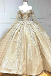 Dina | Gorgeous Gold Quinceanera Dresses with Sleeves - Exquisite & Elegant - Gold - PromDressClub